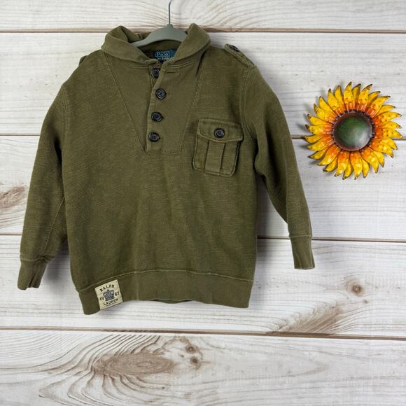 Kids Polo Ralph Lauren Olive Green Military Style Button Up Sweatshirt 4T - Picture 1 of 5